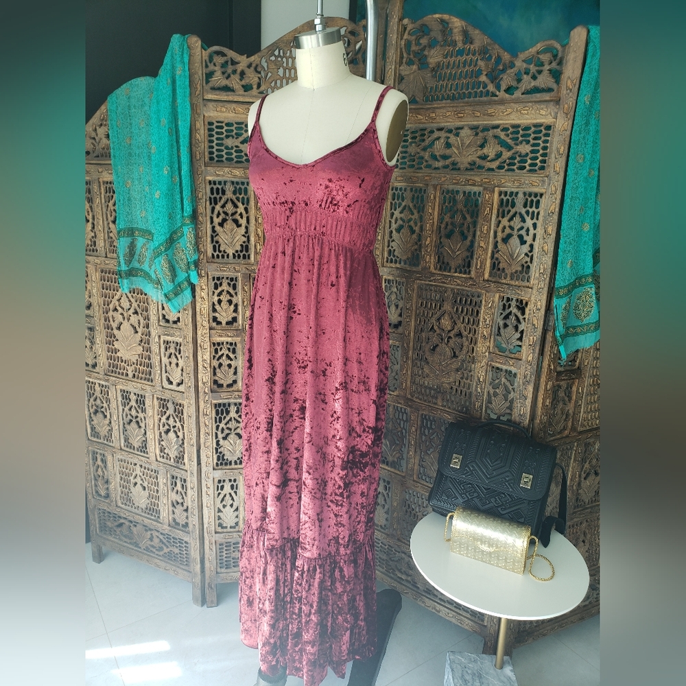 Burgundy Velvet Romeo and Juliet Couture Dress Heavy Full Length Spaghetti Strap